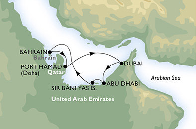 Spojené arabské emiráty, Bahrajn, Katar z Dubaja na lodi MSC Splendida