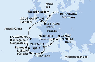Nemecko, Francúzsko, Veľká Británia, Španielsko, Portugalsko, Gibraltár, Taliansko z Hamburgu na lodi MSC Meraviglia
