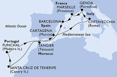 Francúzsko, Španielsko, Portugalsko, Maroko, Taliansko z Barcelony na lodi MSC Sinfonia