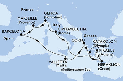 Taliansko, Španielsko, Francúzsko, Malta, Grécko z Barcelony na lodi MSC Sinfonia