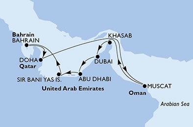 Spojené arabské emiráty, Katar, Bahrajn, Omán z Dubaja na lodi MSC Lirica