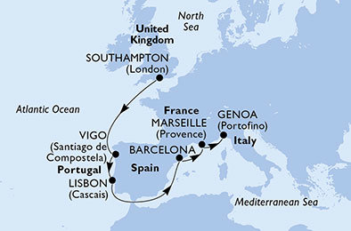 Veľká Británia, Španielsko, Portugalsko, Francúzsko, Taliansko zo Southamptonu na lodi MSC Preziosa