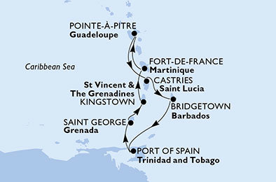 Martinik, Guadeloupe, Svätá Lucia, Barbados, Trinidad a Tobago, Grenada, Svätý Vincent a Grenadiny z Fort de France, Martinik na lodi MSC Preziosa