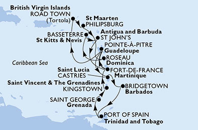 Martinik, Guadeloupe, Svätá Lucia, Barbados, Trinidad a Tobago, Grenada, Svätý Vincent a Grenadiny, Britské Panenské ostrovy, Svatý Martin, Dominika, Svätý Krištof a Nevis, Antigua a Barbuda z Fort de France, Martinik na lodi MSC Preziosa