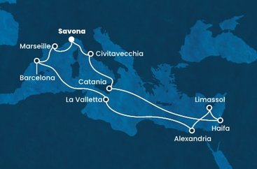 Taliansko, Izrael, Cyprus, Egypt, Malta, Španielsko, Francúzsko zo Savony na lodi Costa Diadema