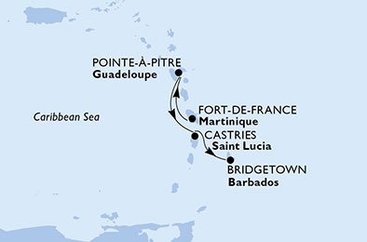 Martinik, Guadeloupe, Svätá Lucia, Barbados z Fort de France, Martinik na lodi MSC Seaside