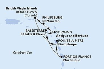 Martinik, Guadeloupe, Britské Panenské ostrovy, Svatý Martin, Antigua a Barbuda, Svätý Krištof a Nevis z Fort de France, Martinik na lodi MSC Virtuosa