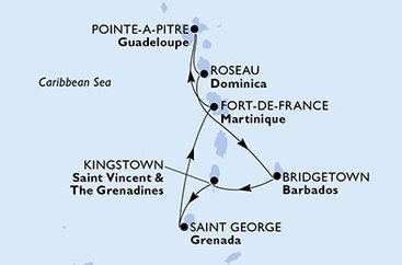 Martinik, Guadeloupe, Dominika, Barbados, Svätý Vincent a Grenadiny, Grenada z Fort de France, Martinik na lodi MSC Virtuosa