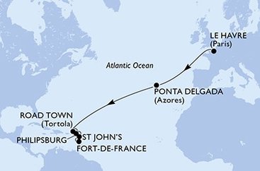 Francúzsko, Portugalsko, Britské Panenské ostrovy, Svatý Martin, Antigua a Barbuda, Martinik z Le Havre na lodi MSC Virtuosa