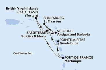 Guadeloupe, Svatý Martin, Antigua a Barbuda, Svätý Krištof a Nevis, Britské Panenské ostrovy, Martinik z Pointe-à-Pitre na lodi MSC Virtuosa