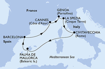 Taliansko, Španielsko, Francúzsko z Civitavechie na lodi MSC Seaview