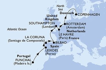 Portugalsko, Španielsko, Veľká Británia, Francúzsko, Holandsko, Dánsko z Funchalu na lodi MSC Poesia