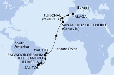 Španielsko, Portugalsko, Brazília z Málagy na lodi MSC Grandiosa