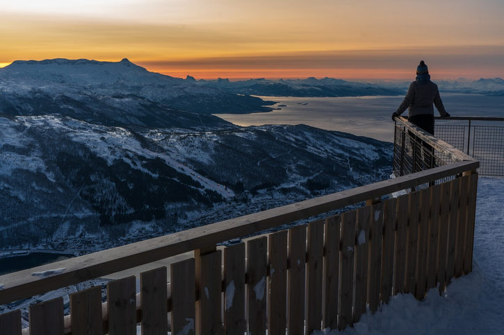 Výhľad z Narvikfjellet na Narvik, Ofotfjord a okolité zasnežené hory.