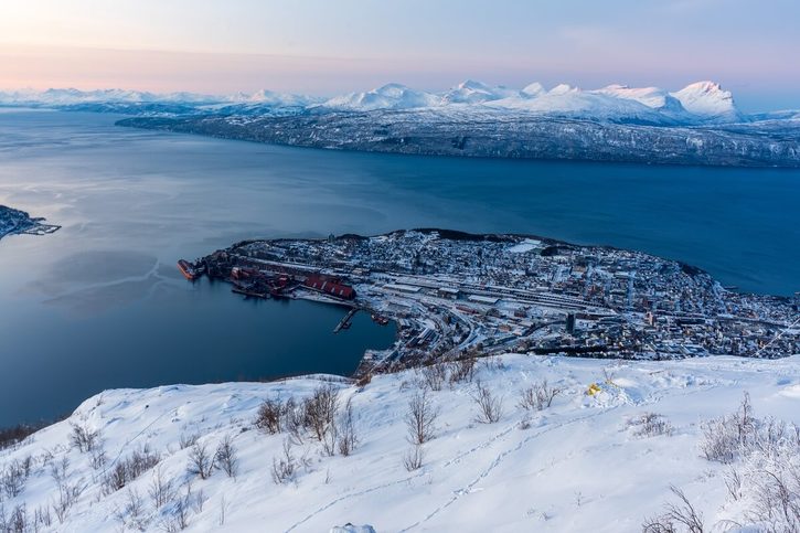 Pohľad na prístav Narvik z vyhliadky Narvikfjellet.