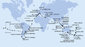 Taliansko, Francúzsko, Španielsko, Maroko, Kapverdy, Brazília, Argentína, Zámořské území Velké Británie, Chile, Francouzská Polynésie, Americká Samoa, , Fiji, Nový Zéland, Austrália, Indonézia, Singapur, Thajsko, Srí Lanka, Jordánsko, Egypt z Janova na lodi MSC Magnifica