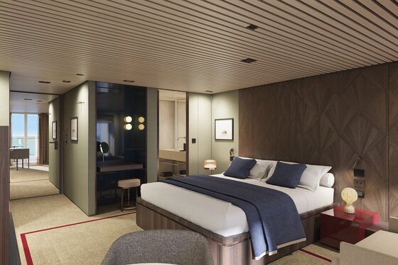 The Haven Penthouse s hlavnou spálňou a veľkým balkónom na zadnej časti lode (HB) – Norwegian Bella