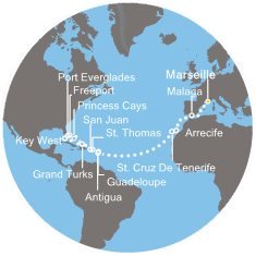Francúzsko, Španielsko, Antigua a Barbuda, USA, Bahamy, Veľká Británia z Marseille na lodi Costa Deliziosa