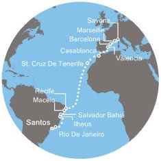 Brazília, Španielsko, Maroko, Francúzsko, Taliansko zo Santosu na lodi Costa Favolosa