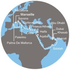 Francúzsko, Španielsko, Taliansko, Grécko, Izrael, Jordánsko, Omán, Spojené arabské emiráty z Marseille na lodi Costa Diadema