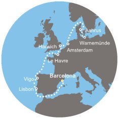 Španielsko, Portugalsko, Francúzsko, Veľká Británia, Holandsko, Dánsko, Nemecko z Barcelony na lodi Costa Favolosa