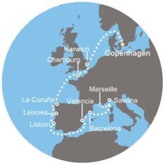 Dánsko, Veľká Británia, Francúzsko, Španielsko, Portugalsko, Taliansko z Kodaně na lodi Costa Favolosa