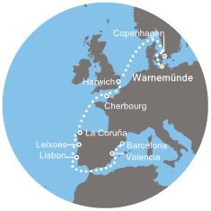 Nemecko, Dánsko, Veľká Británia, Francúzsko, Španielsko, Portugalsko z Warnemünde na lodi Costa Favolosa