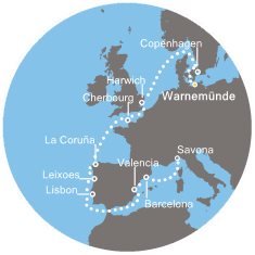 Nemecko, Dánsko, Veľká Británia, Francúzsko, Španielsko, Portugalsko, Taliansko z Warnemünde na lodi Costa Favolosa