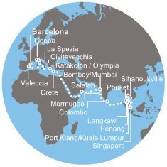 Španielsko, Taliansko, Grécko, Omán, Indie, Srí Lanka, Thajsko, Malajzia, Singapur, Kambodža z Barcelony na lodi Costa Fortuna