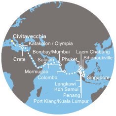 Taliansko, Grécko, Omán, Indie, Srí Lanka, Thajsko, Malajzia, Singapur, Kambodža z Civitavechie na lodi Costa Fortuna
