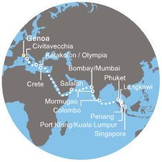 Taliansko, Grécko, Omán, Indie, Srí Lanka, Thajsko, Malajzia, Singapur z Janova na lodi Costa Fortuna