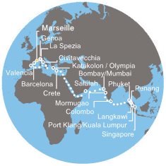 Francúzsko, Španielsko, Taliansko, Grécko, Omán, Indie, Srí Lanka, Thajsko, Malajzia, Singapur z Marseille na lodi Costa Fortuna