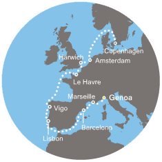 Taliansko, Španielsko, Portugalsko, Korunní závislé území Velké Británie, Belgicko, Holandsko z Janova na lodi Costa Pacifica