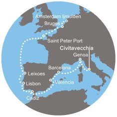 Taliansko, Španielsko, Portugalsko, Korunní závislé území Velké Británie, Belgicko, Holandsko z Civitavechie na lodi Costa Pacifica