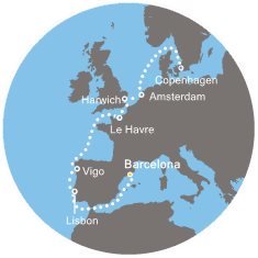 Španielsko, Portugalsko, Korunní závislé území Velké Británie, Belgicko, Holandsko z Barcelony na lodi Costa Pacifica