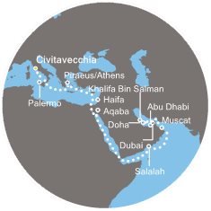 Taliansko, Grécko, Izrael, Jordánsko, Omán, Bahrajn, Katar, Spojené arabské emiráty z Civitavechie na lodi Costa Diadema