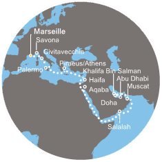 Francúzsko, Taliansko, Grécko, Izrael, Jordánsko, Omán, Bahrajn, Katar, Spojené arabské emiráty z Marseille na lodi Costa Diadema
