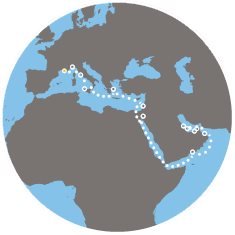 Francúzsko, Taliansko, Grécko, Izrael, Jordánsko, Omán, Bahrajn, Katar, Spojené arabské emiráty z Marseille na lodi Costa Diadema