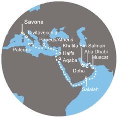 Taliansko, Grécko, Izrael, Jordánsko, Omán, Bahrajn, Katar, Spojené arabské emiráty zo Savony na lodi Costa Diadema