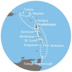 Guadeloupe, Trinidad a Tobago, Svätý Vincent a Grenadiny, Barbados, Svätá Lucia, Martinik, Britské Panenské ostrovy, Svatý Martin, Antigua a Barbuda, Dominika z Pointe-à-Pitre na lodi Costa Favolosa