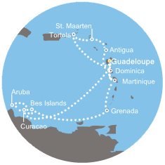 Guadeloupe, Britské Panenské ostrovy, Svatý Martin, Antigua a Barbuda, Dominika, Martinik, Curacao, Aruba, Bonaire, Grenada z Pointe-à-Pitre na lodi Costa Favolosa