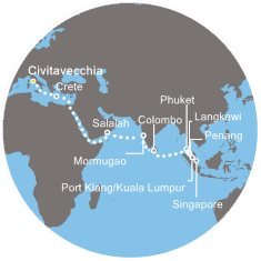 Taliansko, Grécko, Omán, Indie, Srí Lanka, Thajsko, Malajzia, Singapur z Civitavechie na lodi Costa Fortuna