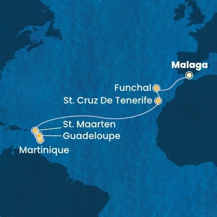 Španielsko, Portugalsko, Svatý Martin, Martinik, Guadeloupe z Málagy na lodi Costa Fascinosa Španielsko, Portugalsko, Svatý Martin, Martinik, Guadeloupe z Málagy na lodi Costa Fascinosa