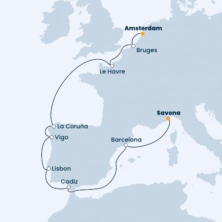 Holandsko, Belgicko, Francúzsko, Španielsko, Portugalsko, Taliansko z Amsterdamu na lodi Costa Favolosa