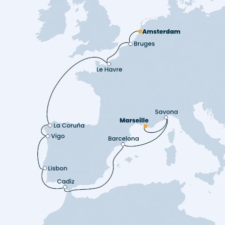 Holandsko, Belgicko, Francúzsko, Španielsko, Portugalsko, Taliansko z Amsterdamu na lodi Costa Favolosa