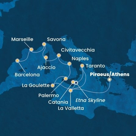 Grécko, Malta, Taliansko, Tunisko, Francúzsko, Španielsko z Pireusu na lodi Costa Fascinosa