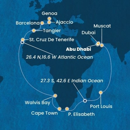 Spojené arabské emiráty, Omán, Maurícius, Juhoafrická republika, Namíbia, Španielsko, Maroko, Francúzsko, Taliansko z Abu Dhabi na lodi Costa Smeralda