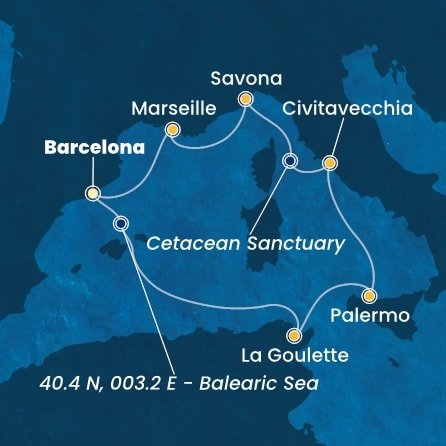 Španielsko, Tunisko, Taliansko, Francúzsko z Barcelony na lodi Costa Smeralda