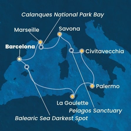 Španielsko, Tunisko, Taliansko, Francúzsko z Barcelony na lodi Costa Smeralda