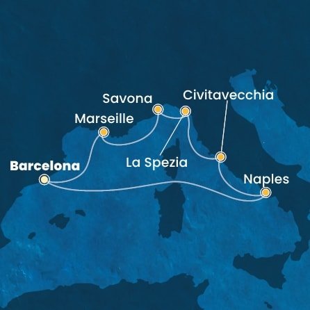 Španielsko, Taliansko, Francúzsko z Barcelony na lodi Costa Toscana